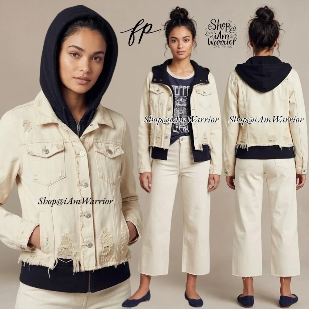 Free People Distressed Cropped Denim Jacket w/ Hooded Layer *shop@iamwarrior - Picture 2 of 10